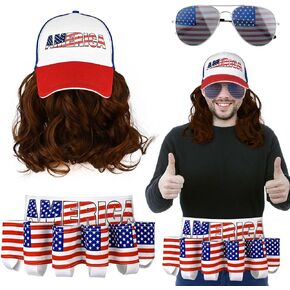 3 قطع من إكسسوارات الرابع من يوليو، حامل حزام وطني وقبعة البوري، شعر مستعار العلم الأمريكي، نظارات شمسية بيضاء لحفلات القمامة، ملابس كلاسيكية لعيد الاستقلال في الثمانينات in Kuwait
