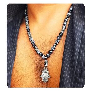 Kabbalah Necklace – Hamsa Beaded Necklace – Evil Eye Jewelry For Men – Good Luck Necklace - Jasper Snowflake and Black Lava Gems – Ancient Tibetan Silver Spacers Gems – Real Gem Evil Eye Charm