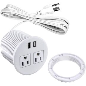 Power Grommet with USB for Desk Desktop Power Data Outlet with 2 AC Outlets and 2 USB Ports 6'ft Heavy Duty Power Cord White