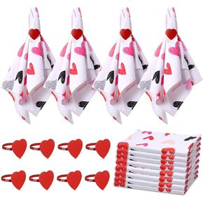 8 Sets Valentine's Day Cloth Napkins with Red Heart Napkin Rings Set Reusable Cotton Fabric Love Cocktail Napkins Metal Heart Shape Napkin Rings Holders for Valentine's Day Wedding Dinner (Delicate)