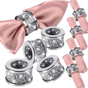 VIJIV Cloth Napkins and Silver Napkin Rings Set of 8 Washable, 17"x17" Stainless Steel Rhinestone Dinner Napkins Cocktail Personalized Wedding Napkins for Reception Party Supplies Farmhouse Pink