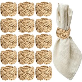 Round Woven Napkin Rings Set of 15, Handmade Natural Napkin Rings Bulk for Dinning Table, Easter Farmhouse Rustic Ocean Waves Christmas Dining Table Decor Brown