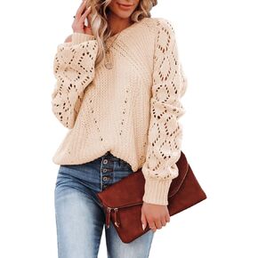 SHEWIN Women's Casual Long Sleeve Crewneck Crochet Sweater Lightweight Knit Pullover Sweaters Tops