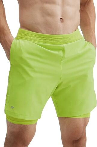 Fabletics Men's The Fundamental Short (Lined), Workout, Running, Training, Gym, Yoga, Ultra Lightweight, Athletic, 7" Inseam, XXL, Vivid Lime in Saudi Arabia