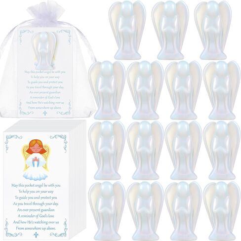 15 Set 45 Pcs Crystal Angel Figurines Bulk 1.5 Inch Guardian Pocket Angels Healing Statue Mini Angel Gemstones Carved Stones with Angel Cards Organza Bags for Faith Peace Gifts Home Decor in Saudi Arabia