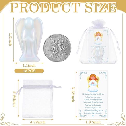 15 Set 45 Pcs Crystal Angel Figurines Bulk 1.5 Inch Guardian Pocket Angels Healing Statue Mini Angel Gemstones Carved Stones with Angel Cards Organza Bags for Faith Peace Gifts Home Decor in Saudi Arabia