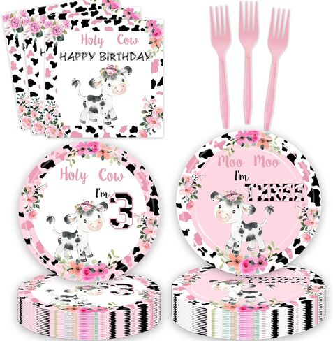 80pcs Holy Cow I'm 1/2 Girls Birthday Decorations Moo Moo I'm Half Way To First Paper Plates Napkins Forks Dinnerware for Farm Animals Cow Themed Girls 6 Months Baby Shower Bday Party Supplies in Kuwait
