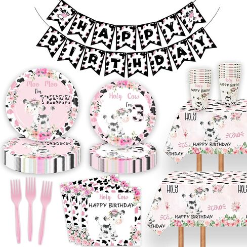 80pcs Holy Cow I'm 1/2 Girls Birthday Decorations Moo Moo I'm Half Way To First Paper Plates Napkins Forks Dinnerware for Farm Animals Cow Themed Girls 6 Months Baby Shower Bday Party Supplies in Kuwait