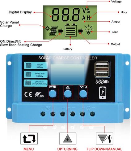 Peidesi 20A PWM Solar Charge Controller 12V 24V Panel Intelligent Regulator with 5V Dual USB Port Display Adjustable Parameter LCD and Timer Setting ON Off Hours, PDS-12V30A-CON in Saudi Arabia