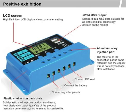 Peidesi 20A PWM Solar Charge Controller 12V 24V Panel Intelligent Regulator with 5V Dual USB Port Display Adjustable Parameter LCD and Timer Setting ON Off Hours, PDS-12V30A-CON in Saudi Arabia