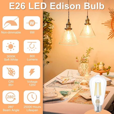GOLSPARK E26 LED Bulb 60 Watt Equivalent, LED Edison Bulbs 5000K Daylight, Edison Bulbs 60 Watt LED for Living Room Dining Bathroom Vanity, 800LM, 6W 120V CRI85, E26 Base, Non-dimmable, 10 Pack in Kuwait
