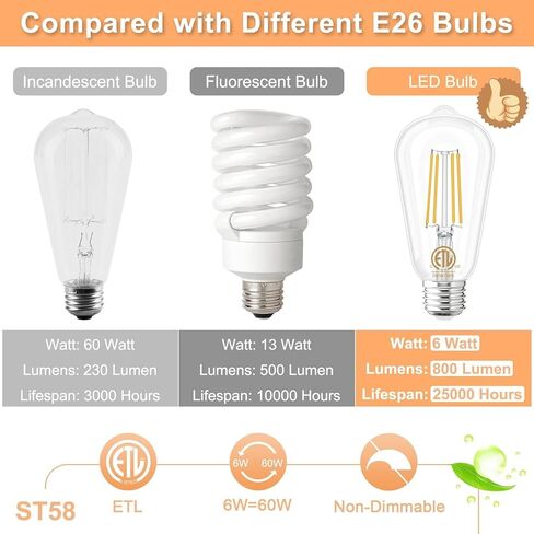 GOLSPARK E26 LED Bulb 60 Watt Equivalent, LED Edison Bulbs 5000K Daylight, Edison Bulbs 60 Watt LED for Living Room Dining Bathroom Vanity, 800LM, 6W 120V CRI85, E26 Base, Non-dimmable, 10 Pack in Kuwait