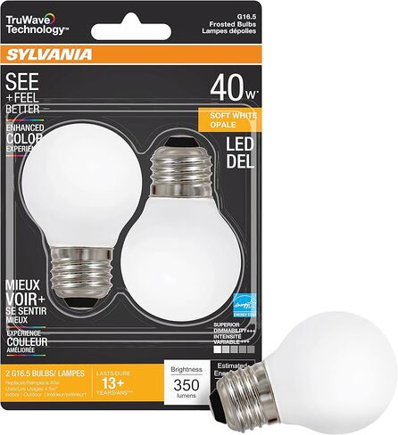 لمبة إضاءة سيلفانيا LED TruWave Natural Series G16.5 Globe، ما يعادل 40 وات، كفاءة 4.5 وات، قاعدة متوسطة، 350 لومن قابلة للتعتيم، متجمد، 2700 ك، أبيض ناعم (40799)، عدد 2 (عبوة من 1) in Kuwait