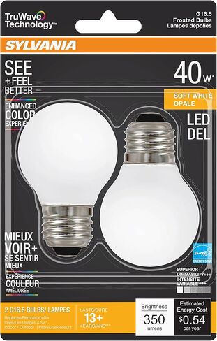 لمبة إضاءة سيلفانيا LED TruWave Natural Series G16.5 Globe، ما يعادل 40 وات، كفاءة 4.5 وات، قاعدة متوسطة، 350 لومن قابلة للتعتيم، متجمد، 2700 ك، أبيض ناعم (40799)، عدد 2 (عبوة من 1) in Kuwait