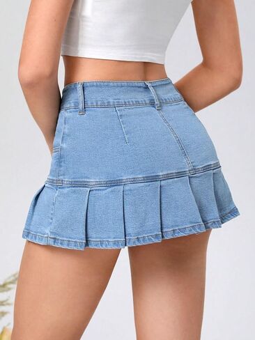 Verdusa Women's Ruffle Hem Pleated Mini Denim Skirt in Saudi Arabia