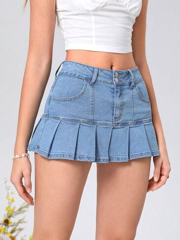 Verdusa Women's Ruffle Hem Pleated Mini Denim Skirt in Saudi Arabia