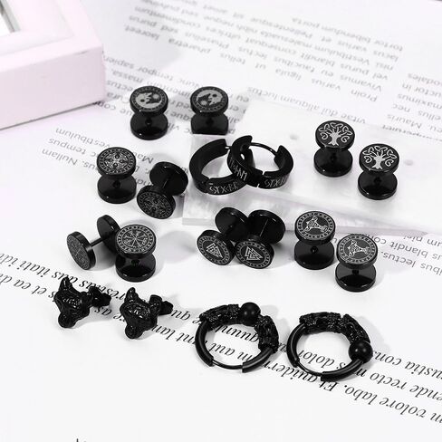 8 Pairs Viking Earrings for Men Women Viking Runes/Celtic Knot/Thor's Hammer/Wolf Head Fake Gauges Earrings Set Surgical Steel Screw Flatback Studs Faux Ear Plugs Punk Earrings in Saudi Arabia