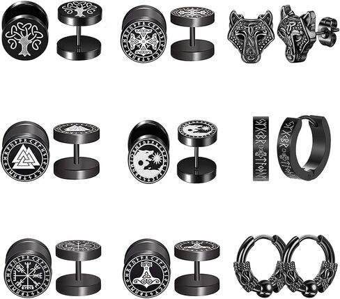 8 Pairs Viking Earrings for Men Women Viking Runes/Celtic Knot/Thor's Hammer/Wolf Head Fake Gauges Earrings Set Surgical Steel Screw Flatback Studs Faux Ear Plugs Punk Earrings in Saudi Arabia