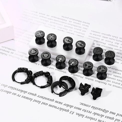 8 Pairs Viking Earrings for Men Women Viking Runes/Celtic Knot/Thor's Hammer/Wolf Head Fake Gauges Earrings Set Surgical Steel Screw Flatback Studs Faux Ear Plugs Punk Earrings in Saudi Arabia