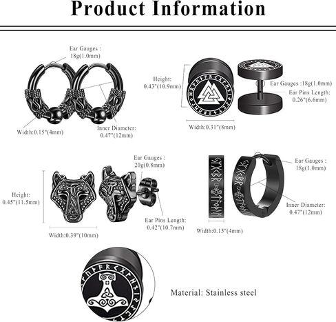 8 Pairs Viking Earrings for Men Women Viking Runes/Celtic Knot/Thor's Hammer/Wolf Head Fake Gauges Earrings Set Surgical Steel Screw Flatback Studs Faux Ear Plugs Punk Earrings in Saudi Arabia