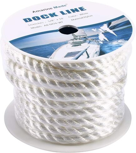 Amarine Made 5/8 inch 50 feet 3 Strand Twisted Nylon Rope Dockline Multipurpose Utility Line - Alkali and Weather Resistant - Crafts, Towing, Dock Line (White) in Saudi Arabia