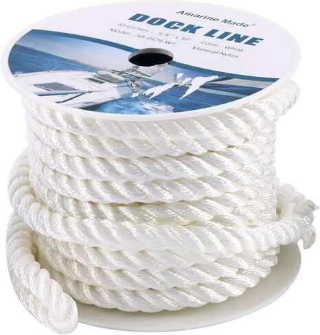 Amarine Made 5/8 inch 50 feet 3 Strand Twisted Nylon Rope Dockline Multipurpose Utility Line - Alkali and Weather Resistant - Crafts, Towing, Dock Line (White) in Saudi Arabia