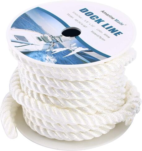 Amarine Made 5/8 inch 50 feet 3 Strand Twisted Nylon Rope Dockline Multipurpose Utility Line - Alkali and Weather Resistant - Crafts, Towing, Dock Line (White) in Saudi Arabia