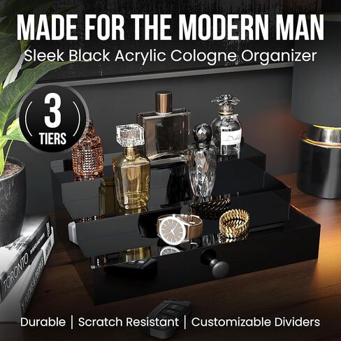 Acrylic Cologne Organizer for Men - 3Tier Cologne Display Shelf with Drawer, Nonslip Feet & 2 Travel Cologne Bottles - Perfume Stand Organizer for Bedroom, Cologne Holder for Jewelry Key & More in Saudi Arabia