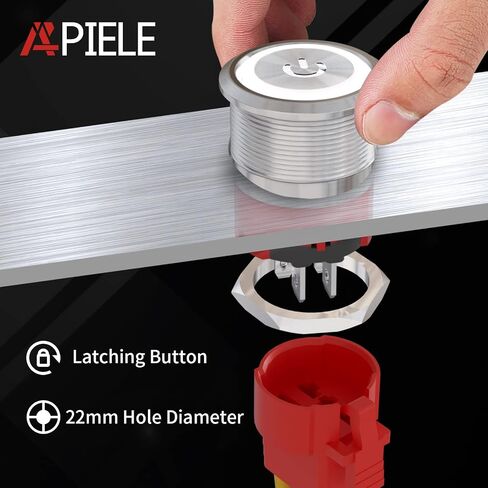APIELE 22 مم مفتاح زر الضغط 12 فولت 10 أمبير حلقة رمز الطاقة LED معدنية للسيارة مع قابس مقبس 1NO1NC DPST ON/Off 0.87 بوصة حزمة واحدة (غلاف فضي، أحمر) in Kuwait