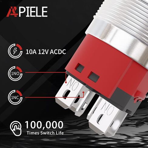 APIELE 22 مم مفتاح زر الضغط 12 فولت 10 أمبير حلقة رمز الطاقة LED معدنية للسيارة مع قابس مقبس 1NO1NC DPST ON/Off 0.87 بوصة حزمة واحدة (غلاف فضي، أحمر) in Kuwait