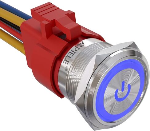 APIELE 22 مم مفتاح زر الضغط 12 فولت 10 أمبير حلقة رمز الطاقة LED معدنية للسيارة مع قابس مقبس 1NO1NC DPST ON/Off 0.87 بوصة حزمة واحدة (غلاف فضي، أحمر) in Kuwait