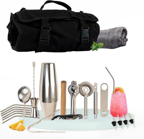 Bartender Kit with Canvas Bag - 27 Bar Accessories - Complete Cocktail Shaker Set - Mixology Bartending Kit : Shaker, Wooden Muddler, Jigger, 3 Strainers, Martini Tool Travel Portable Barware Kit in Saudi Arabia