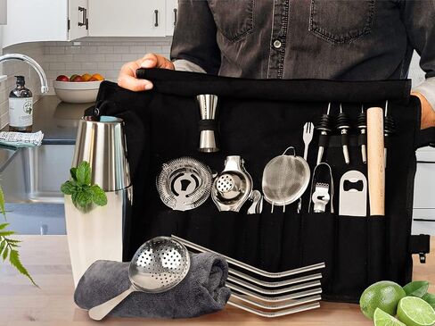 Bartender Kit with Canvas Bag - 27 Bar Accessories - Complete Cocktail Shaker Set - Mixology Bartending Kit : Shaker, Wooden Muddler, Jigger, 3 Strainers, Martini Tool Travel Portable Barware Kit in Saudi Arabia