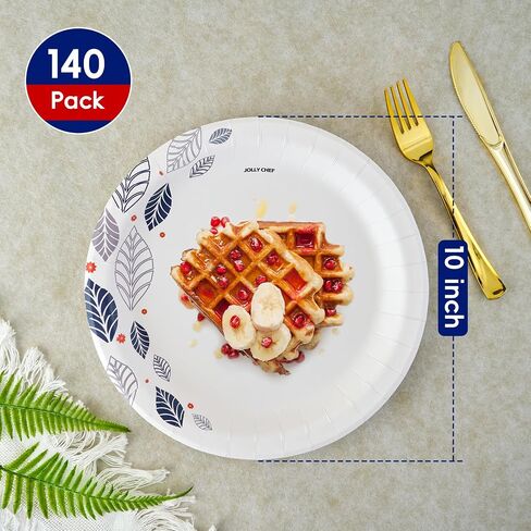 JOLLY CHEF 140 Count Paper Plates 10 inch Soak Proof, Cut Proof, Heavy Duty Leaf Printed Disposable Paper Plates for Everyday Use in Saudi Arabia