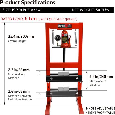 6 Ton Hydraulic Press, Benchtop Press with Press Plates, H-Frame Garage Floor Press, Adjustable Working Table Height, Hydraulic Shop Floor Press for Gears and Bearings in Saudi Arabia