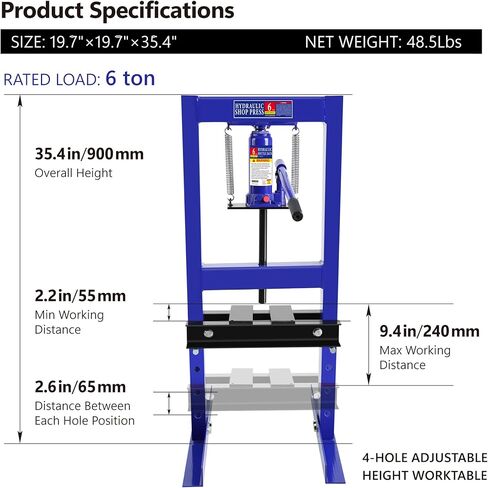 6 Ton Hydraulic Press, Benchtop Press with Press Plates, H-Frame Garage Floor Press, Adjustable Working Table Height, Hydraulic Shop Floor Press for Gears and Bearings in Saudi Arabia