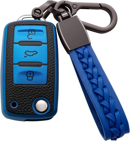 غطاء غطاء مفتاح VW Key Fob فائق النعومة من مادة TPU مع غطاء مفتاح سلسلة مفاتيح حماية 360 درجة متوافق مع VW Volkswagen Jetta Golf Polo MK6 Passat Tiguan Beetle 3 أزرار، أزرق in Kuwait
