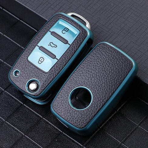 غطاء غطاء مفتاح VW Key Fob فائق النعومة من مادة TPU مع غطاء مفتاح سلسلة مفاتيح حماية 360 درجة متوافق مع VW Volkswagen Jetta Golf Polo MK6 Passat Tiguan Beetle 3 أزرار، أزرق in Kuwait