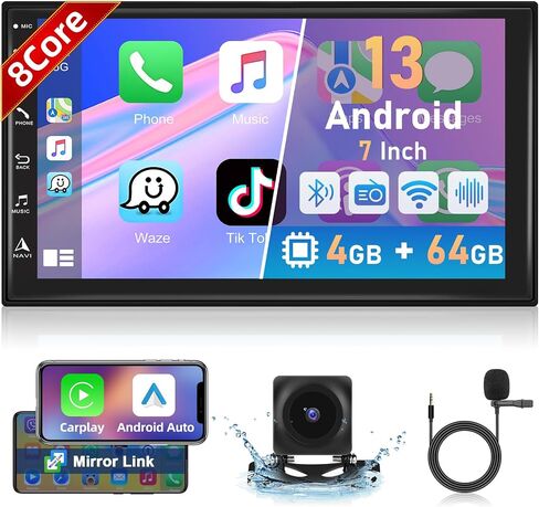 [8 Core 4+64G] راديو ستيريو سيارة مزدوج Din لاسلكي CarPlay 7 بوصات تعمل باللمس مستقبلات صوت السيارة مع نظام Android التلقائي للتحكم الصوتي GPS والملاحة FM/AM/RDS وكاميرا احتياطية راديو بلوتوث 5.0 ميكروفون in Saudi Arabia