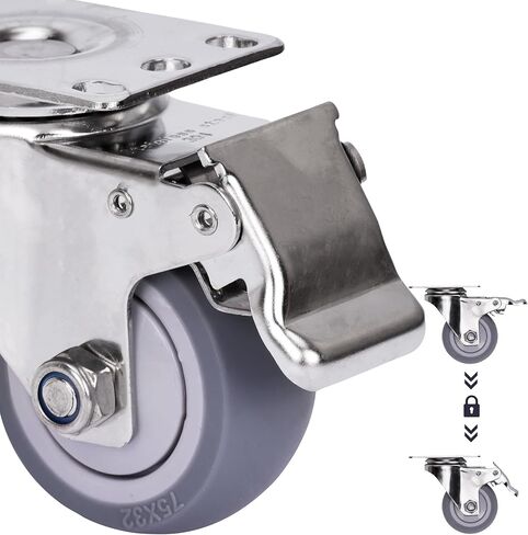 مجموعة عجلات 3 بوصة مكونة من 4 عجلات مطاطية شديدة التحمل مع قفل الفرامل، عجلات صناعية دوارة 360 درجة، عجلة مطاطية صامتة لطاولة العمل والعربة والأثاث (2 دوارة مع فرامل، 2 ثابت) in Kuwait