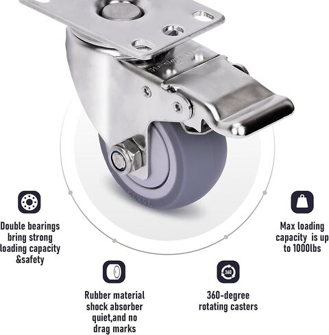 مجموعة عجلات 3 بوصة مكونة من 4 عجلات مطاطية شديدة التحمل مع قفل الفرامل، عجلات صناعية دوارة 360 درجة، عجلة مطاطية صامتة لطاولة العمل والعربة والأثاث (2 دوارة مع فرامل، 2 ثابت) in Kuwait