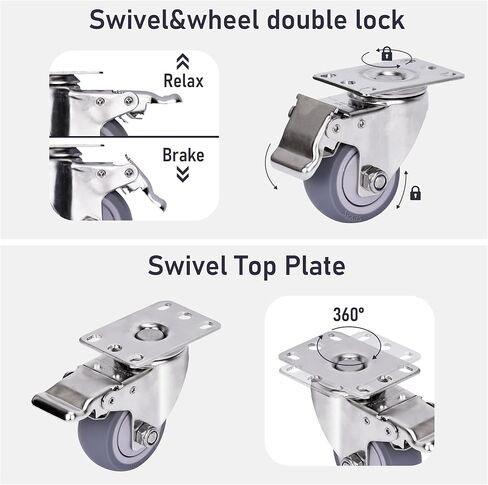 مجموعة عجلات 3 بوصة مكونة من 4 عجلات مطاطية شديدة التحمل مع قفل الفرامل، عجلات صناعية دوارة 360 درجة، عجلة مطاطية صامتة لطاولة العمل والعربة والأثاث (2 دوارة مع فرامل، 2 ثابت) in Kuwait