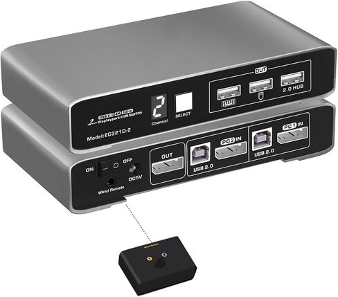 2 منفذ DP USB 2.0 KVM Switch 4K@60 هرتز مع جهاز تحكم سلكي لجهازي كمبيوتر وشاشة واحدة، كابلات جسم من الألومنيوم بشاشة رقمية متضمنة in Kuwait