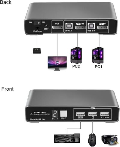 2 منفذ DP USB 2.0 KVM Switch 4K@60 هرتز مع جهاز تحكم سلكي لجهازي كمبيوتر وشاشة واحدة، كابلات جسم من الألومنيوم بشاشة رقمية متضمنة in Kuwait