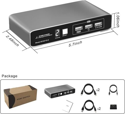 2 منفذ DP USB 2.0 KVM Switch 4K@60 هرتز مع جهاز تحكم سلكي لجهازي كمبيوتر وشاشة واحدة، كابلات جسم من الألومنيوم بشاشة رقمية متضمنة in Kuwait