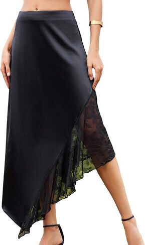 SweatyRocks Women's High Waist Floral Lace Asymmetrical Hem Elegant Flared Midi Skirt in Saudi Arabia