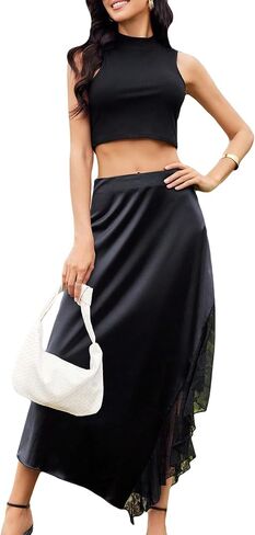 SweatyRocks Women's High Waist Floral Lace Asymmetrical Hem Elegant Flared Midi Skirt in Saudi Arabia