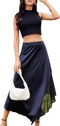 SweatyRocks Women's High Waist Floral Lace Asymmetrical Hem Elegant Flared Midi Skirt in Saudi Arabia