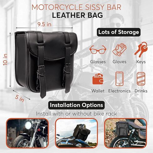 Motorcycle Sissy Bar Black Synthetic Leather Bag 3 Point Heavy Duty Mounts with Quick Release Front Buckles, Universal Fit for Sissy Bars or Forks (Stud) in Kuwait