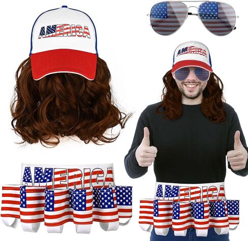 3 قطع من إكسسوارات الرابع من يوليو، حامل حزام وطني وقبعة البوري، شعر مستعار العلم الأمريكي، نظارات شمسية بيضاء لحفلات القمامة، ملابس كلاسيكية لعيد الاستقلال في الثمانينات in Kuwait
